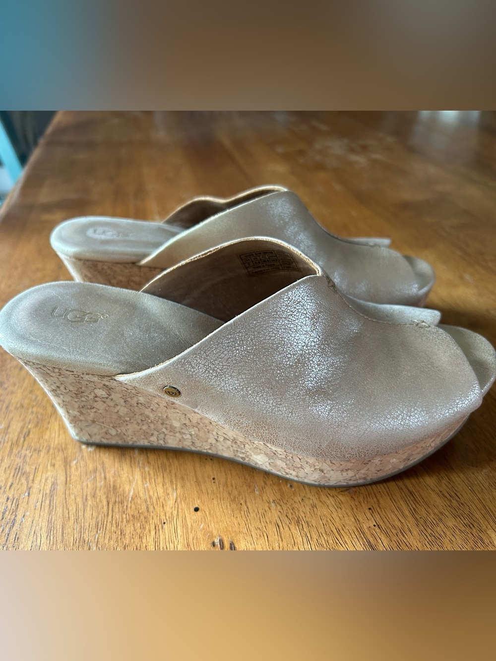 Ugg 'Dominique' Peep Toe Platform Cork Wedges Gold Sz 7